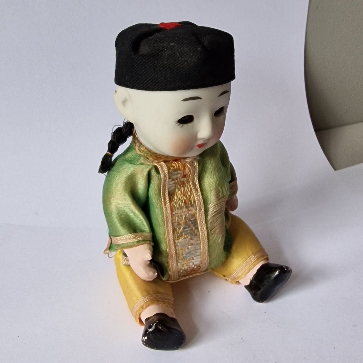 Japanese boy doll, glass eyes, Bisque porcelain, squeeze belly, midcentury figure collector display collectable.