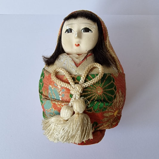 Midcentury Japanese Kokeshi Doll, Silk Kimono, Wedding Gift