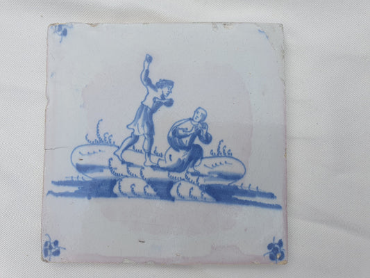 Antieke tegel met Bijbelse voorstelling   in spinnekophoek, antique dutch delft blue tile bible 18th