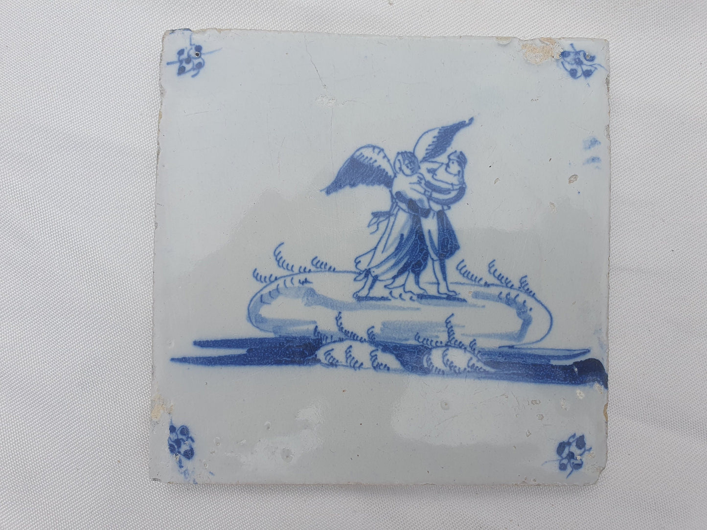 Antieke tegel met Bijbelse voorstelling   in spinnekophoek, antique dutch delft blue tile bible 18th
