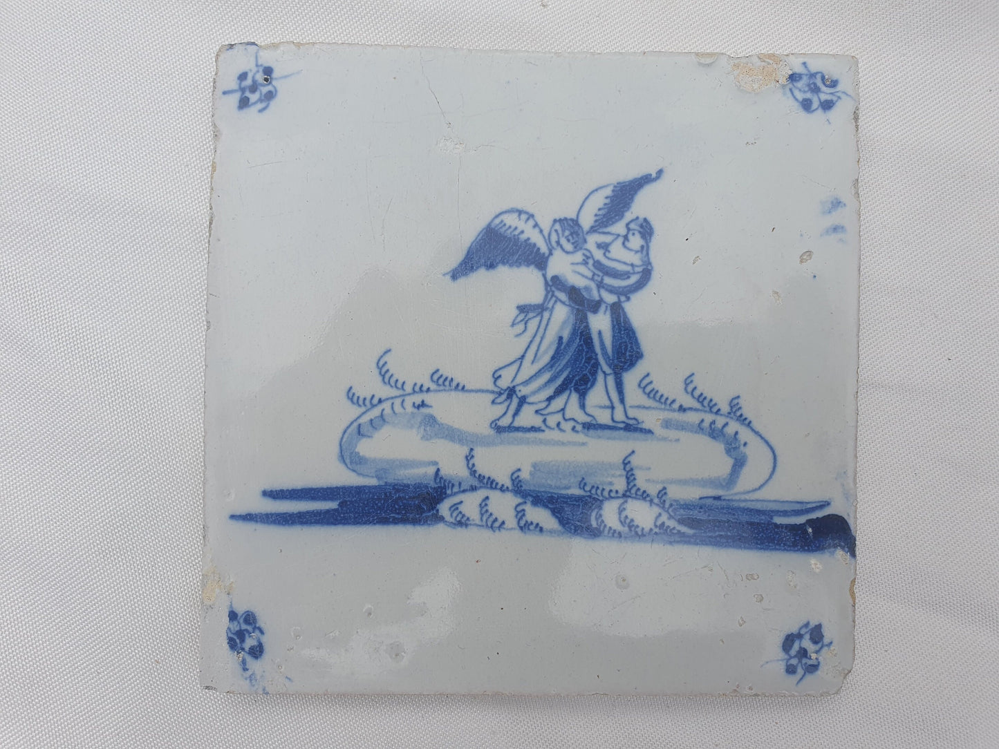 Antieke tegel met Bijbelse voorstelling   in spinnekophoek, antique dutch delft blue tile bible 18th