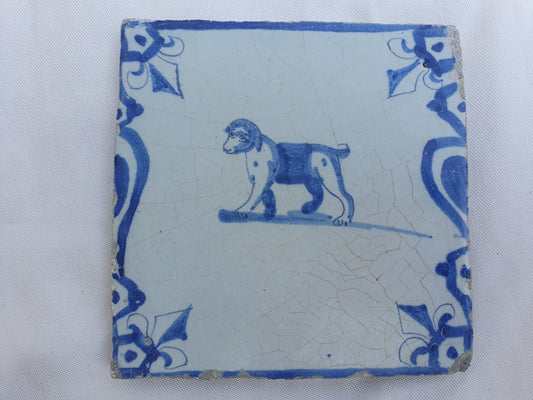 Antique Delft Tile, Dog and Lily Motif, 1640 Dutch Majolica