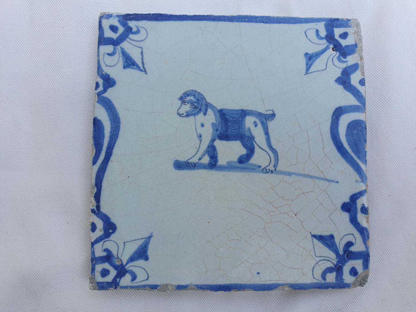 Antique Delft Tile, Dog and Lily Motif, 1640 Dutch Majolica