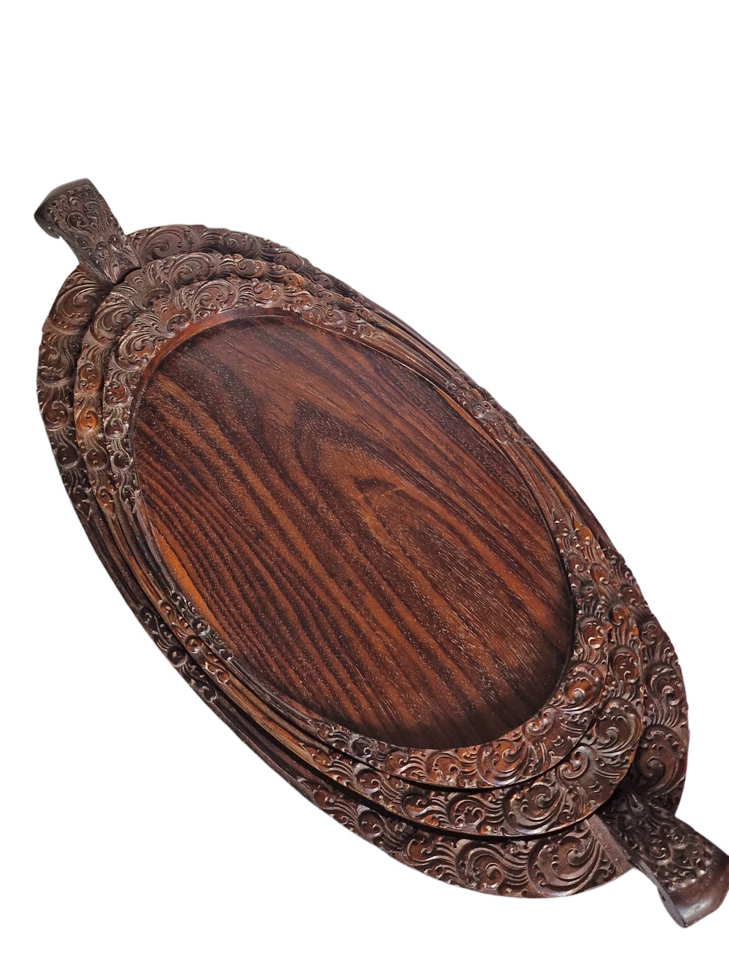 Handmade Art Nouveau Wood Tray Set, Dutch Antique, 1920s