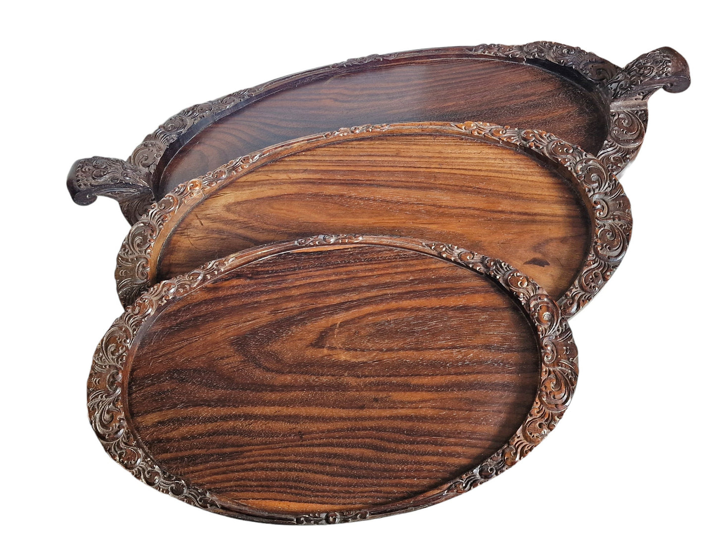 Handmade Art Nouveau Wood Tray Set, Dutch Antique, 1920s