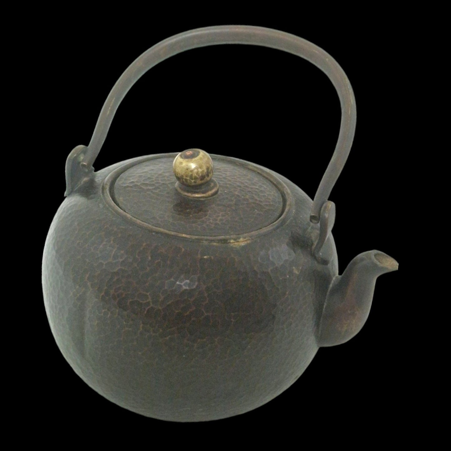 old bronze japanese tetsubin antique teapot with hammered decoration, marked - Bronze