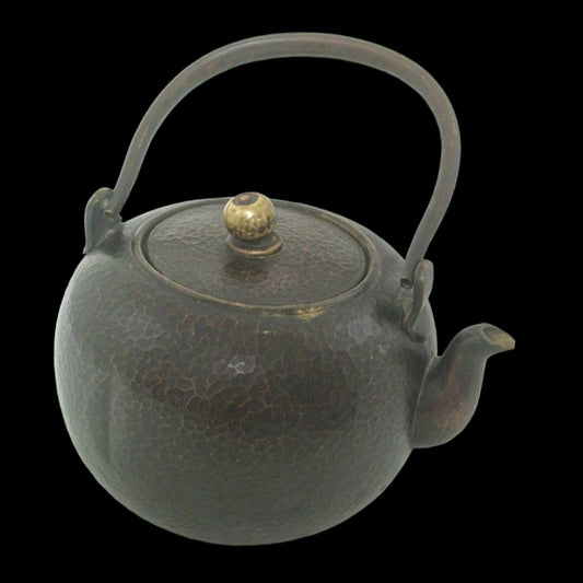 old bronze japanese tetsubin antique teapot with hammered decoration, marked - Bronze