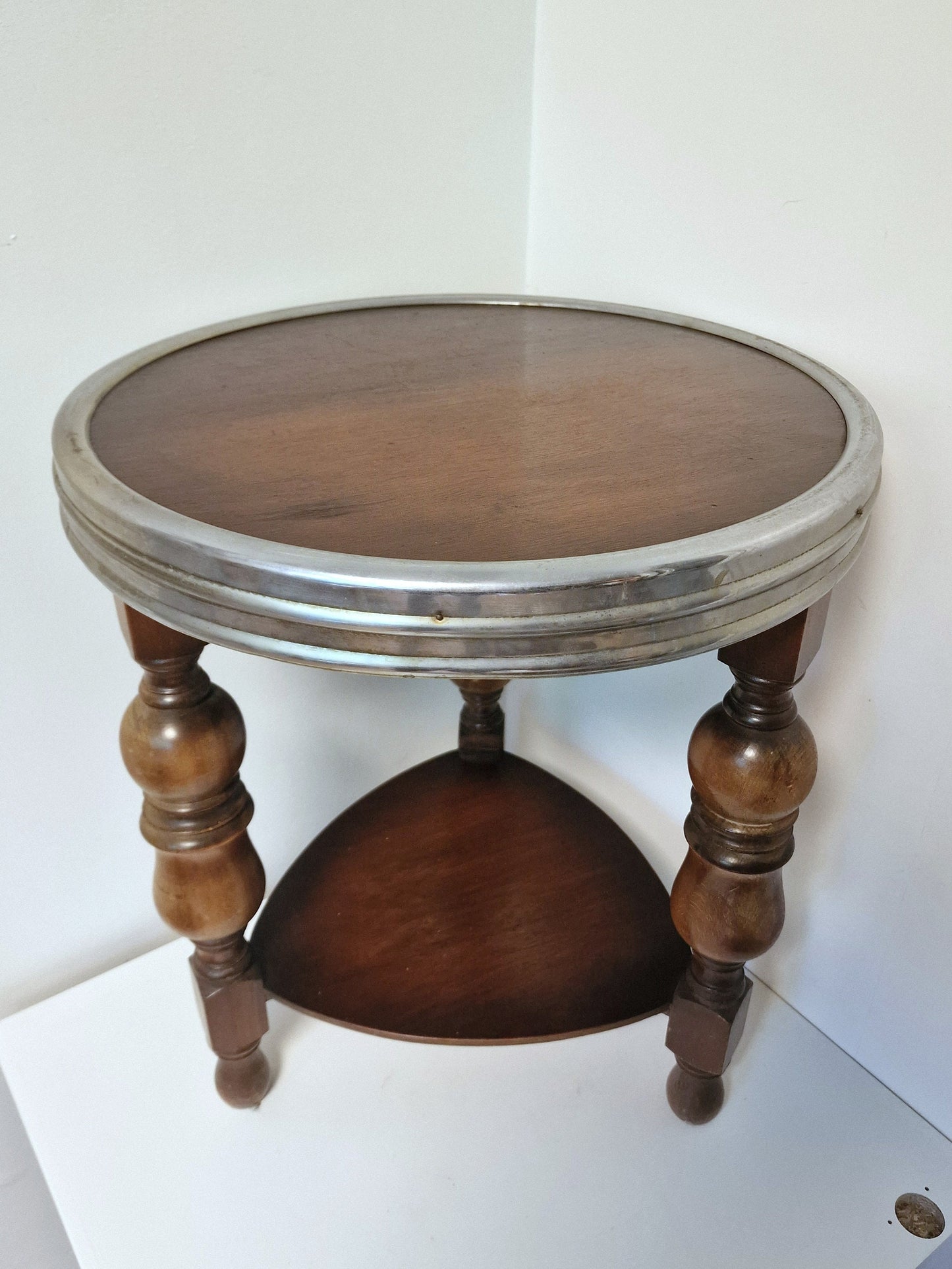 Art Deco Oak Side Table, Chrome Accent, Amsterdam School Design