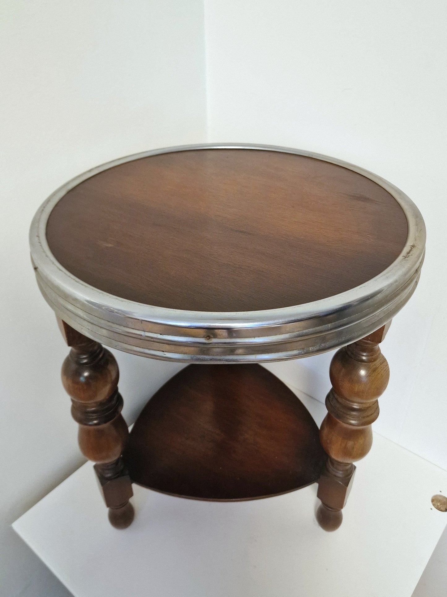 Art Deco Oak Side Table, Chrome Accent, Amsterdam School Design