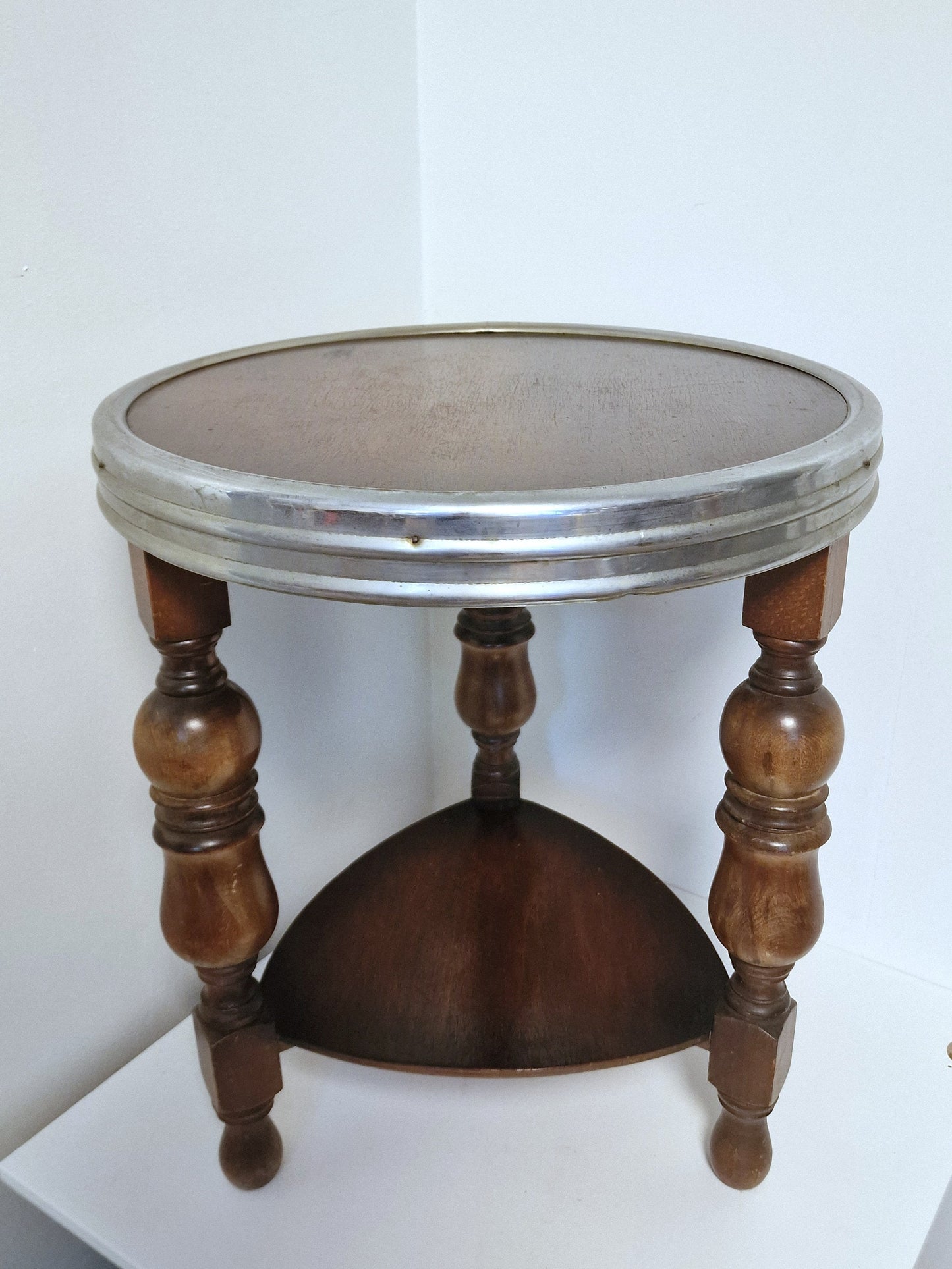 Art Deco Oak Side Table, Chrome Accent, Amsterdam School Design