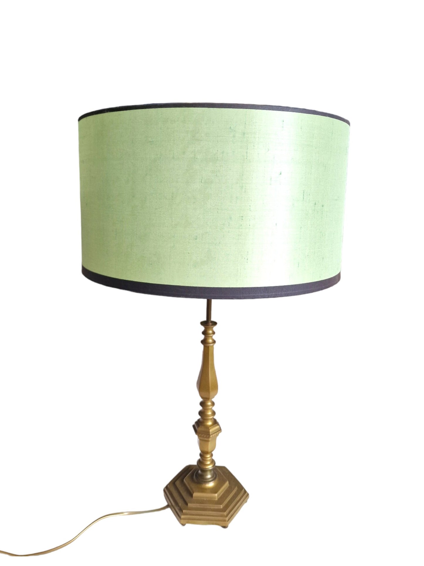 Antique Brass Bouillotte Table Lamp, Pistachio Silk Shade