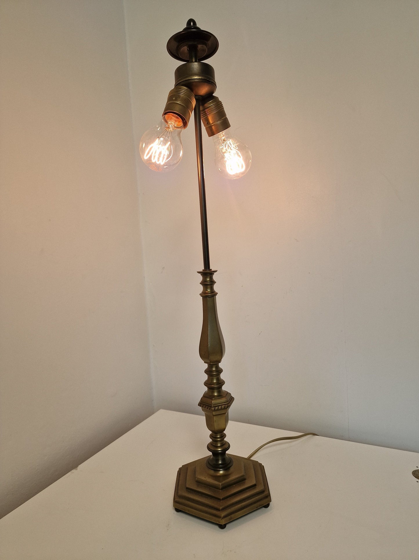 Antique Brass Bouillotte Table Lamp, Pistachio Silk Shade