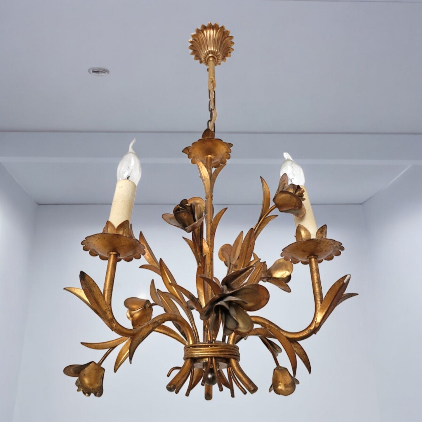 Gold Gilded French Chandelier, Rose Floral Lamp, Mid-Century Lighting