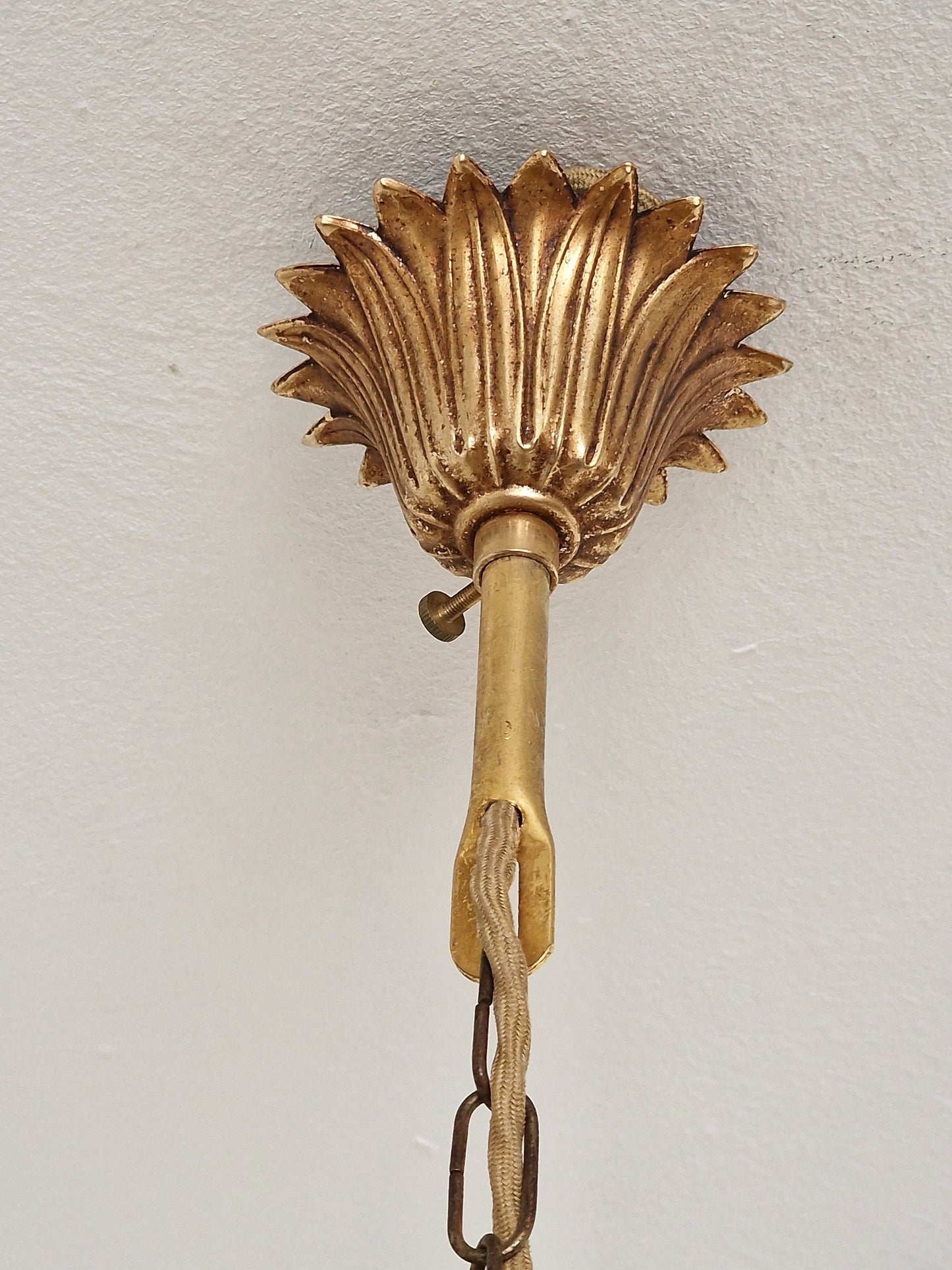 Gold Gilded French Chandelier, Rose Floral Lamp, Mid-Century Lighting