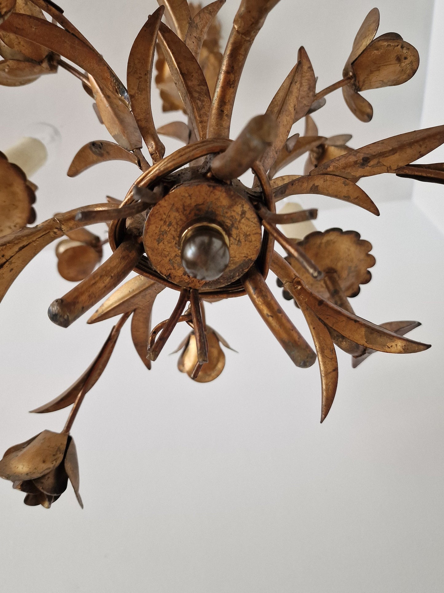 Gold Gilded French Chandelier, Rose Floral Lamp, Mid-Century Lighting
