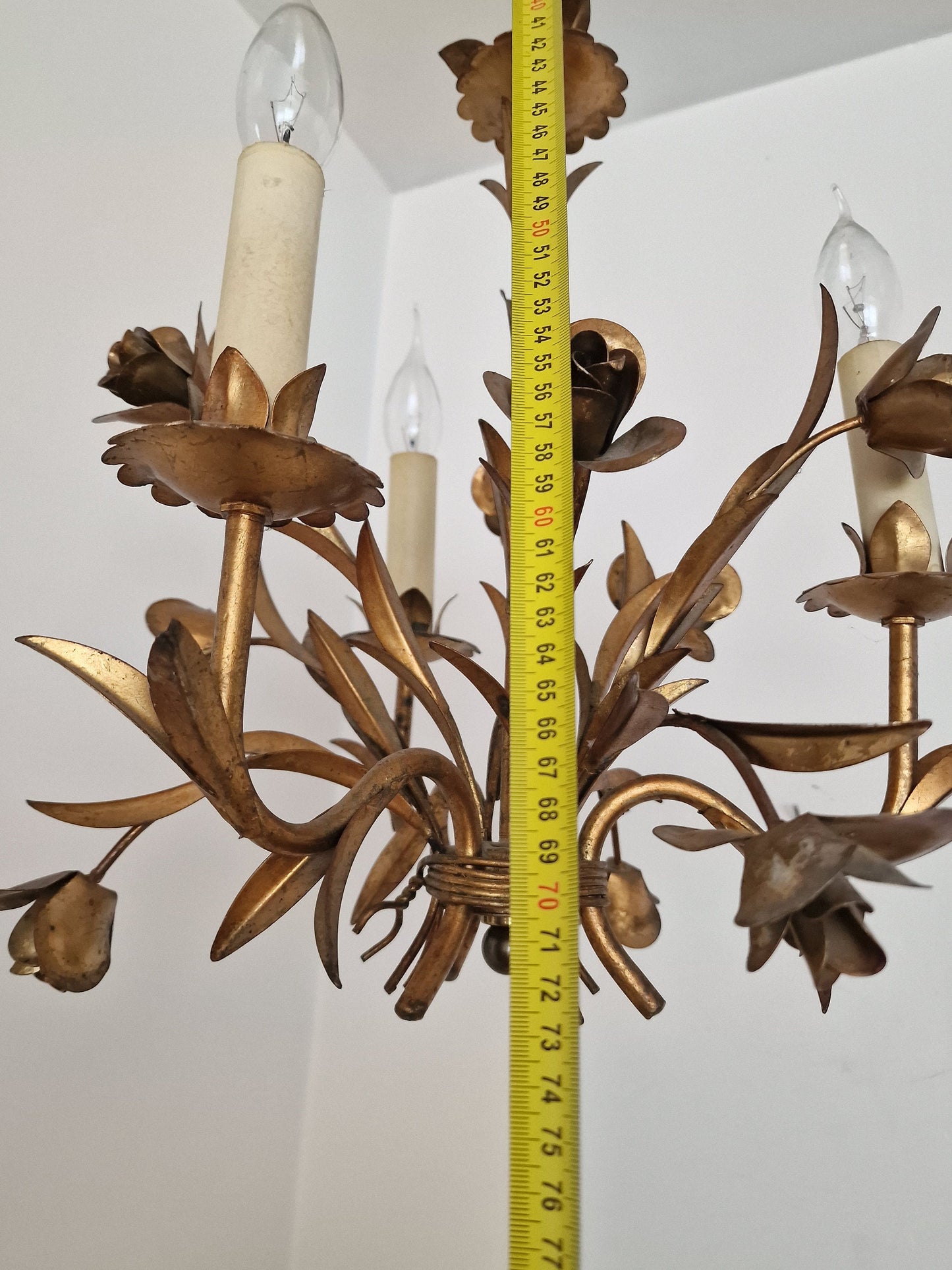 Gold Gilded French Chandelier, Rose Floral Lamp, Mid-Century Lighting