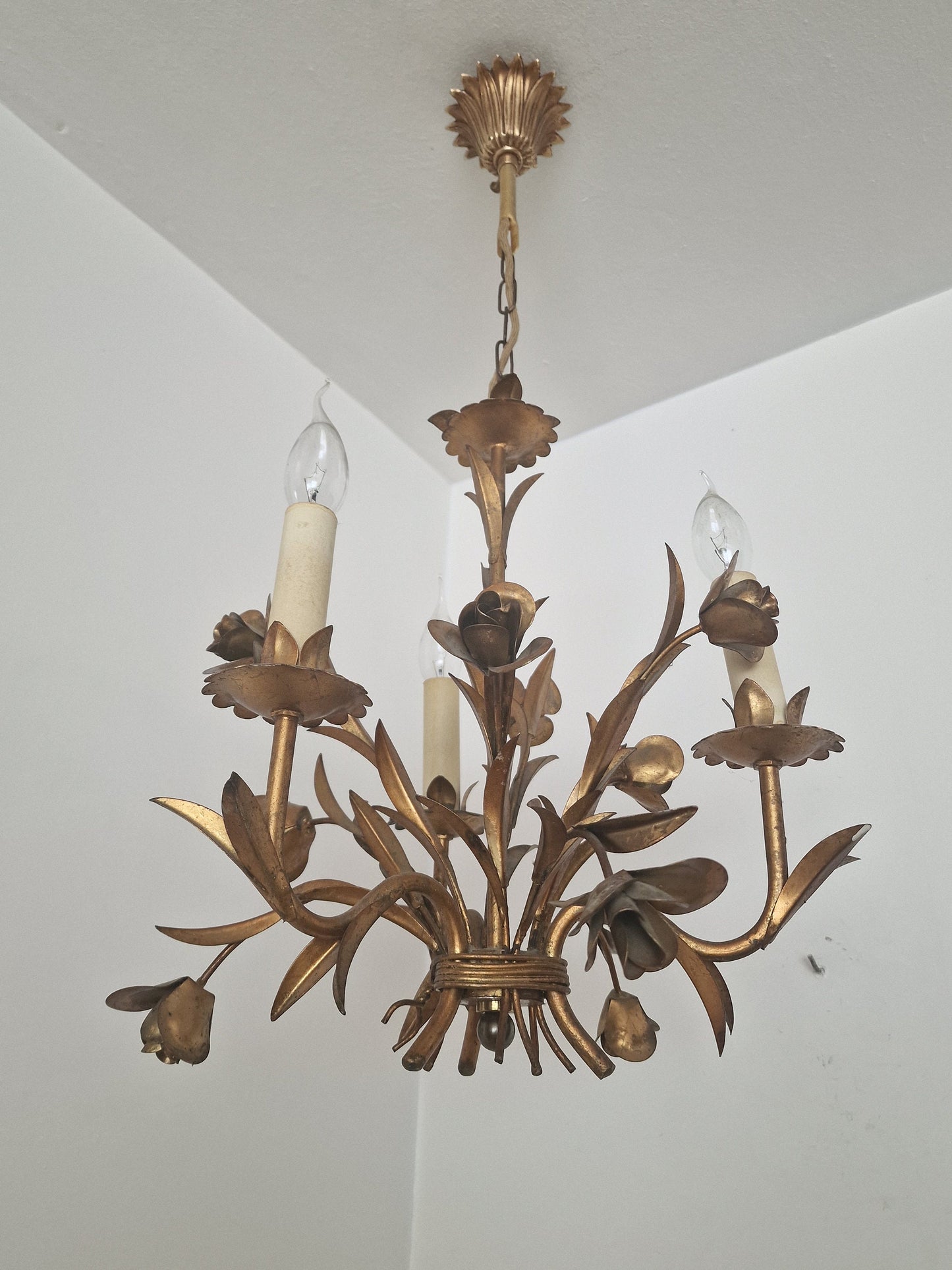 Gold Gilded French Chandelier, Rose Floral Lamp, Mid-Century Lighting