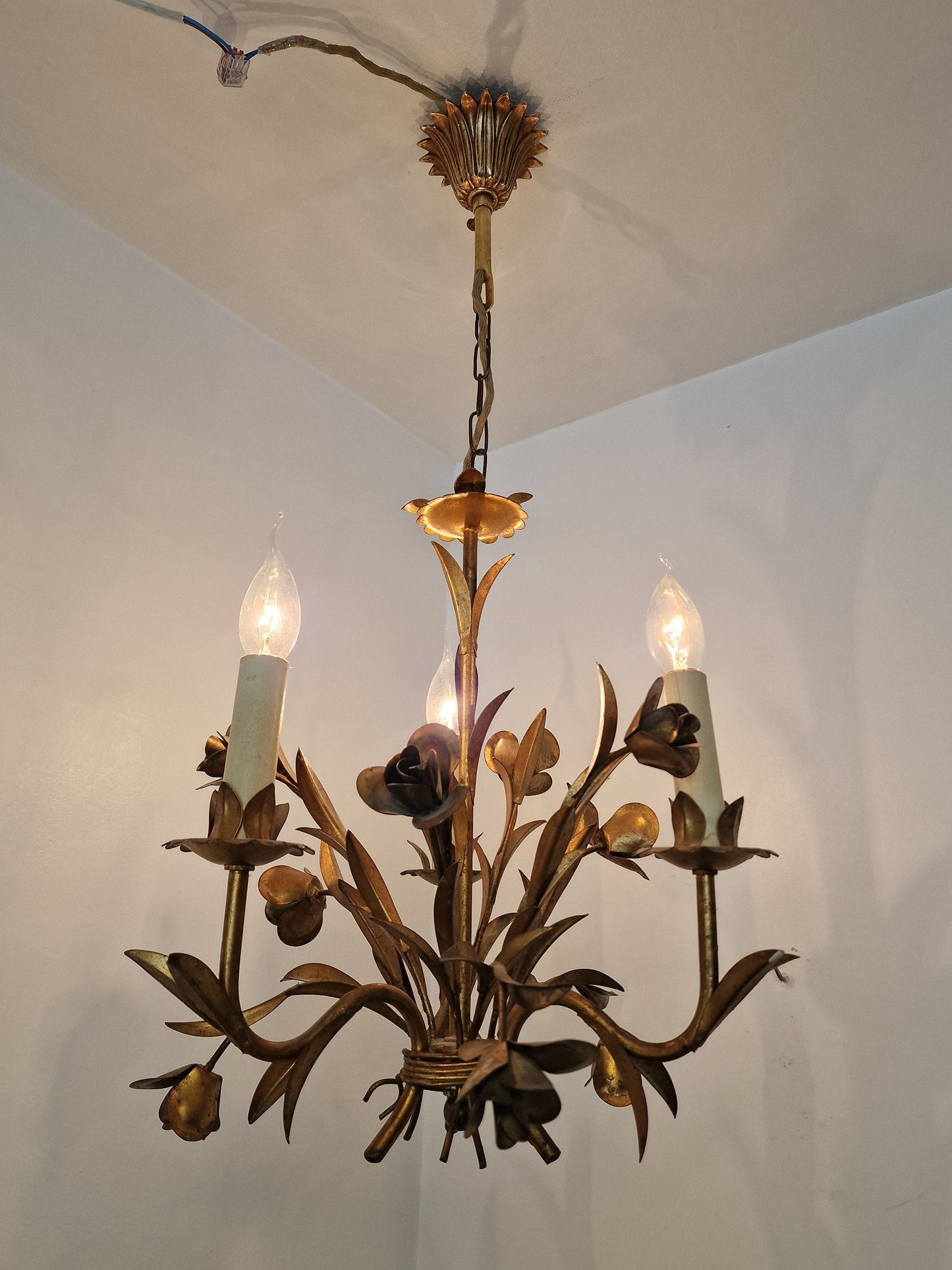 Gold Gilded French Chandelier, Rose Floral Lamp, Mid-Century Lighting