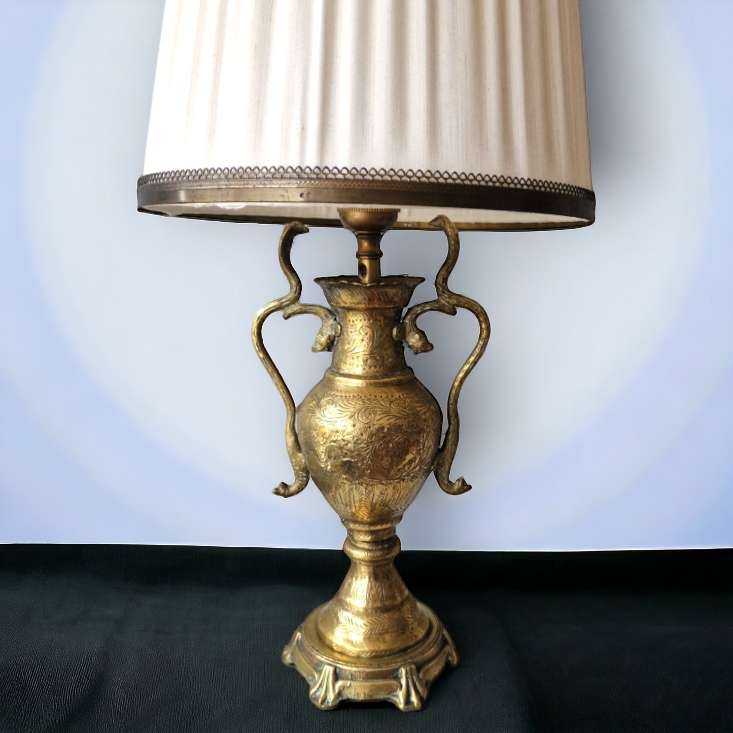 Old tablelamp with mythic creatures, seacreatures, cobra, brass copper mysterious lamp