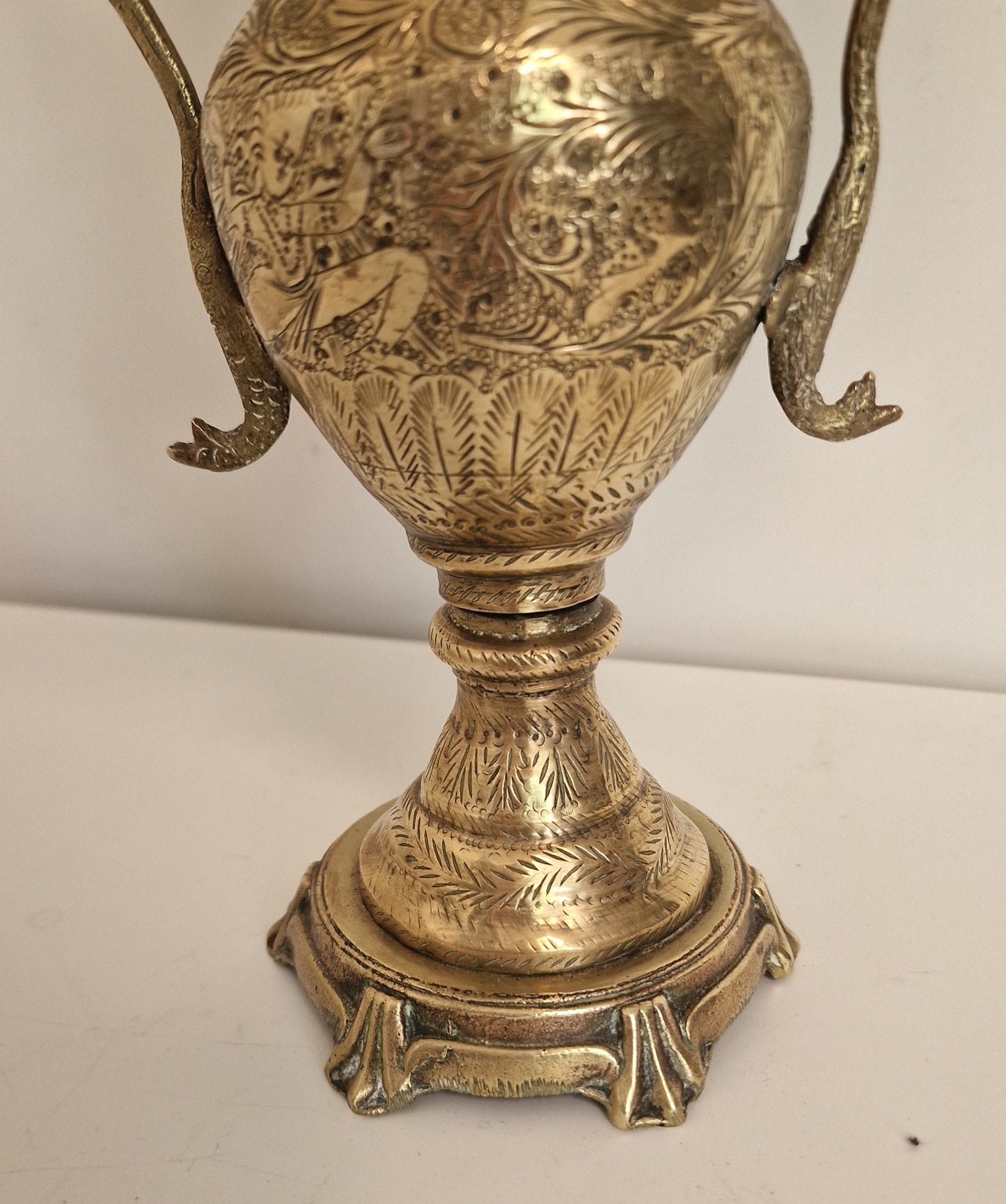 Old tablelamp with mythic creatures, seacreatures, cobra, brass copper mysterious lamp