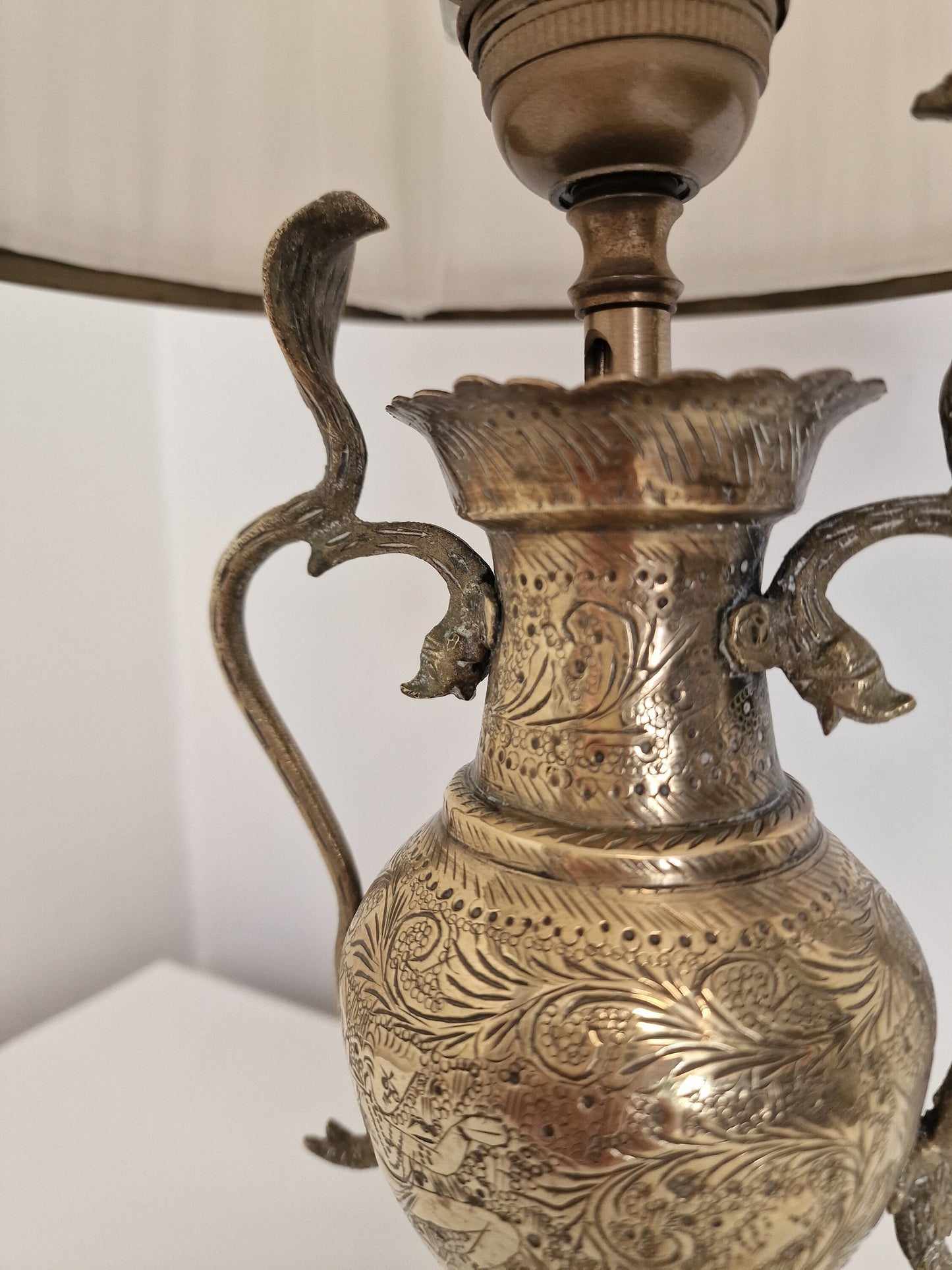 Old tablelamp with mythic creatures, seacreatures, cobra, brass copper mysterious lamp