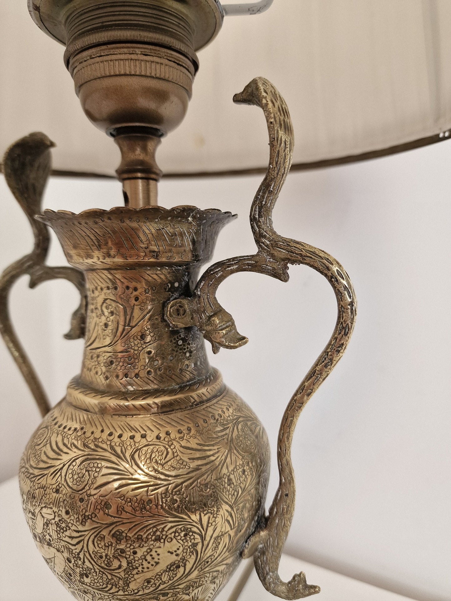 Old tablelamp with mythic creatures, seacreatures, cobra, brass copper mysterious lamp