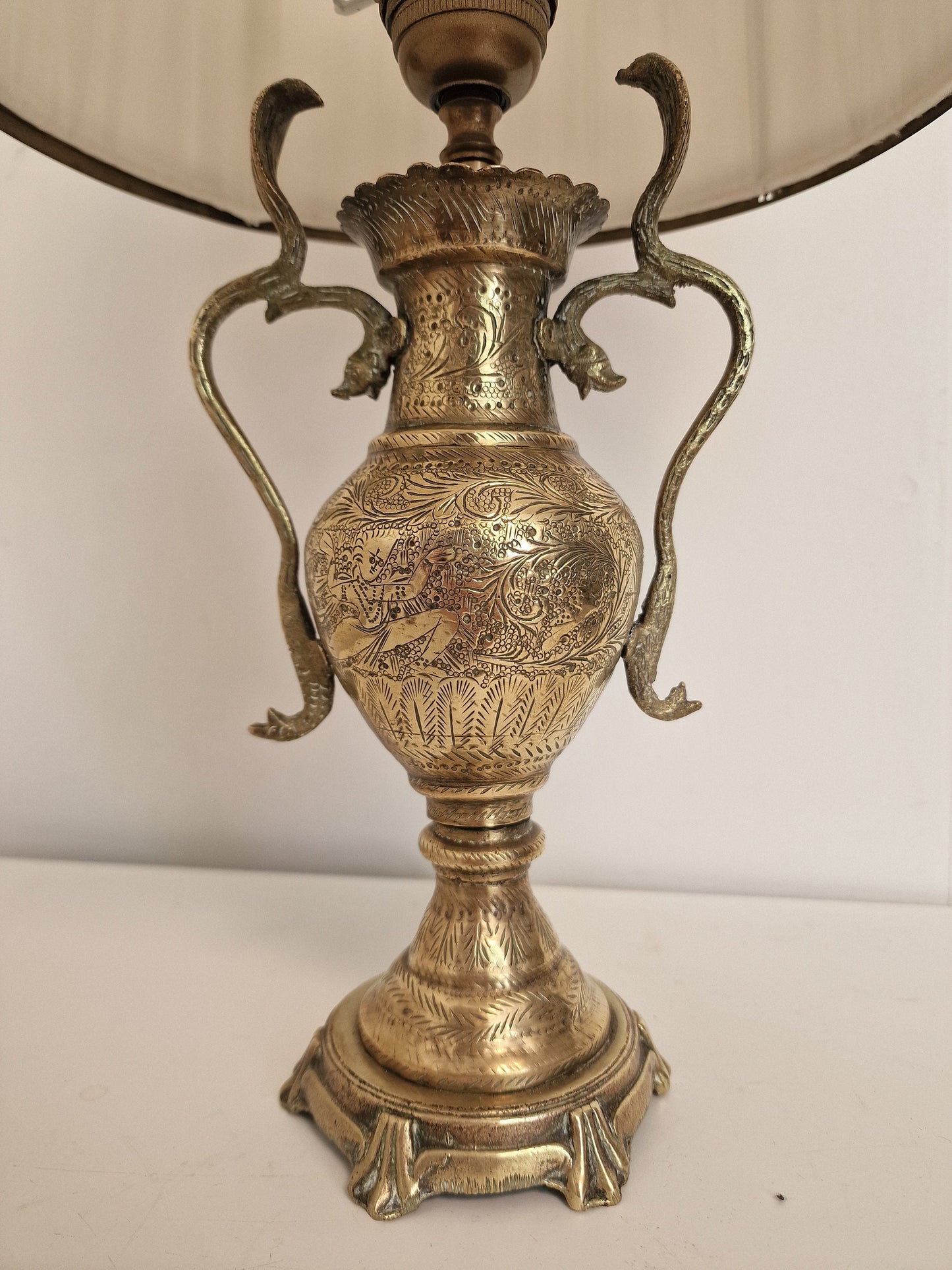 Old tablelamp with mythic creatures, seacreatures, cobra, brass copper mysterious lamp
