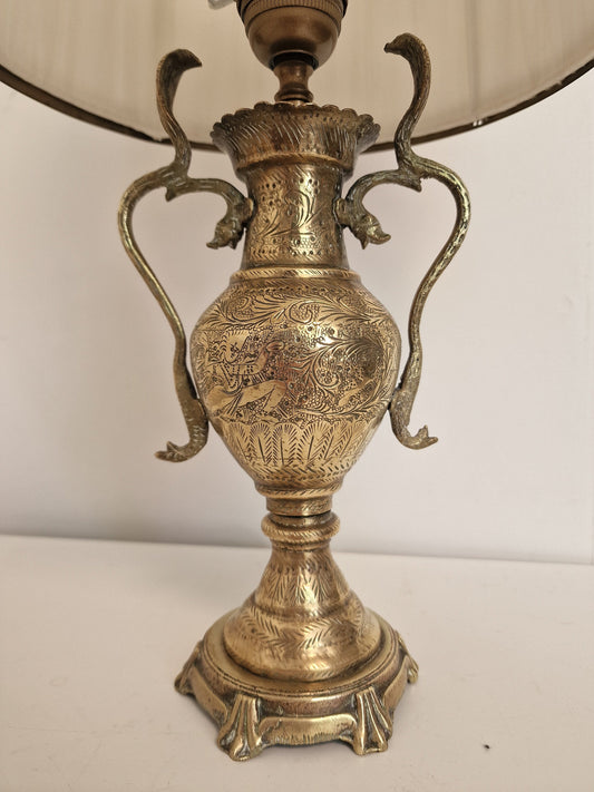 Old tablelamp with mythic creatures, seacreatures, cobra, brass copper mysterious lamp