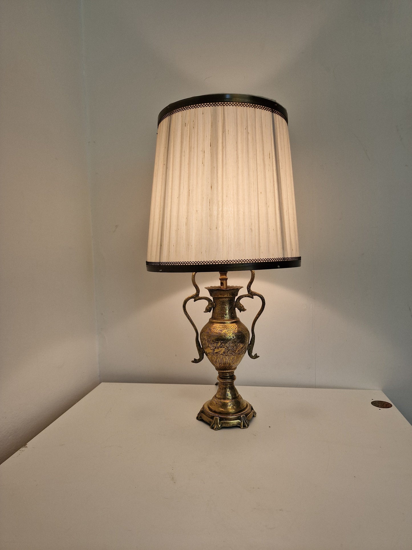 Old tablelamp with mythic creatures, seacreatures, cobra, brass copper mysterious lamp