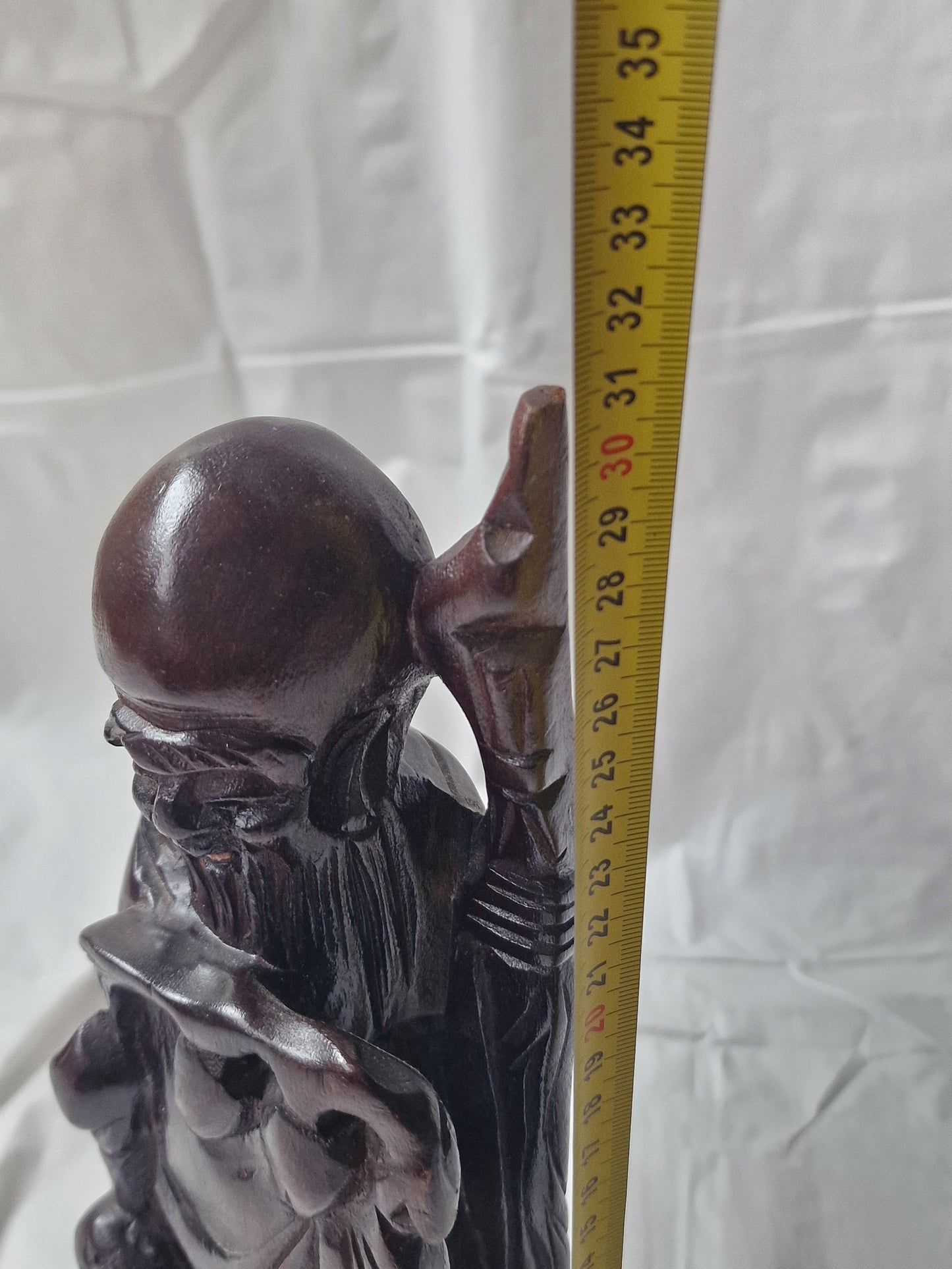 Hand-Carved Rosewood Sage Statue with Bone Inlay - Early 20th Century China