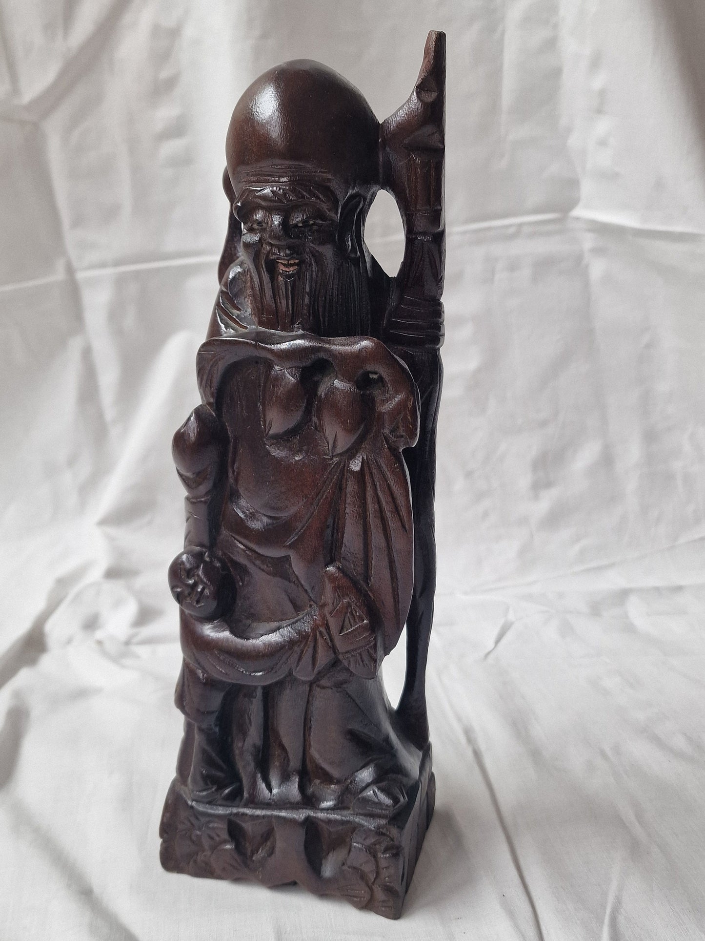 Hand-Carved Rosewood Sage Statue with Bone Inlay - Early 20th Century China