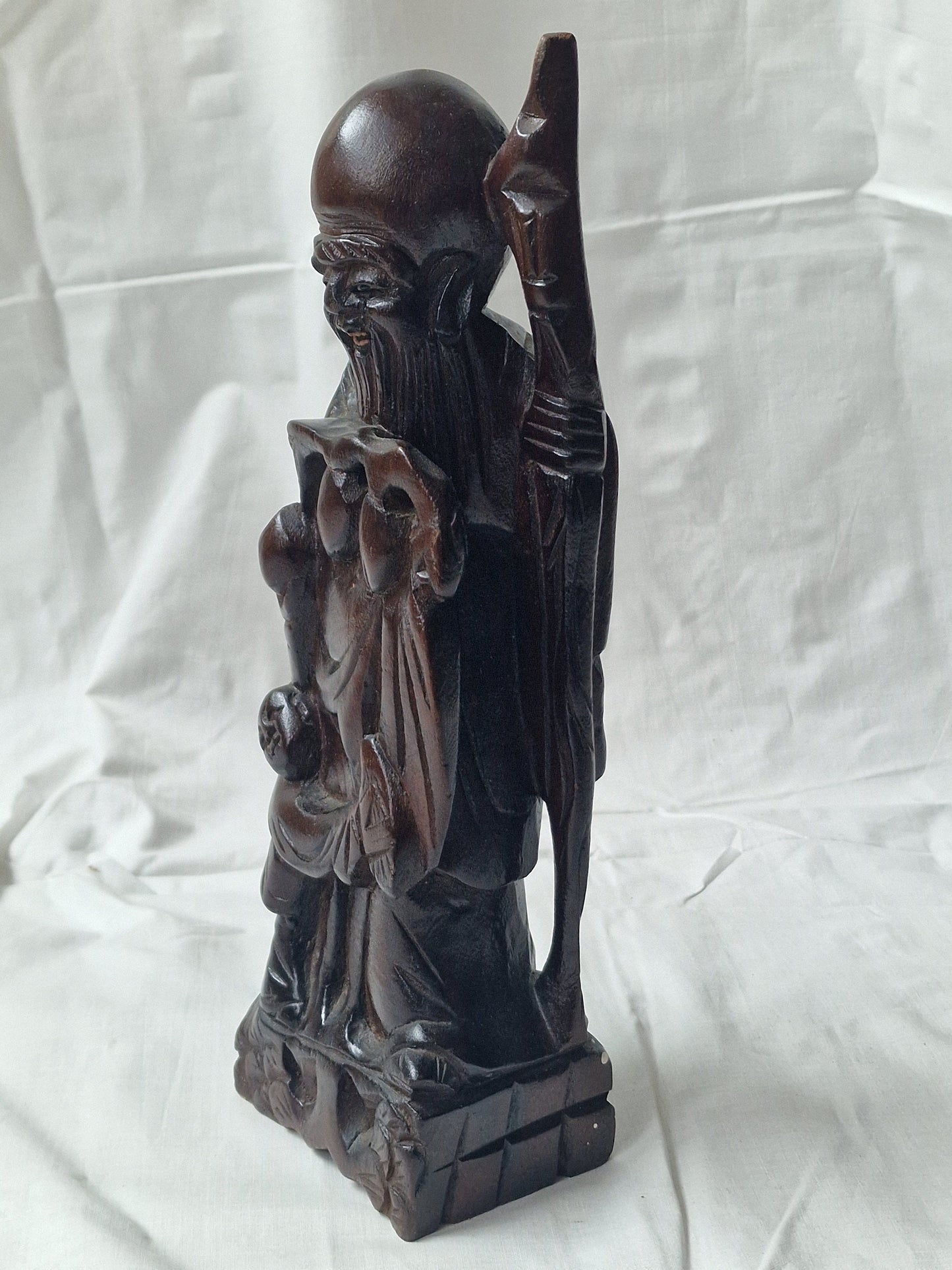 Hand-Carved Rosewood Sage Statue with Bone Inlay - Early 20th Century China