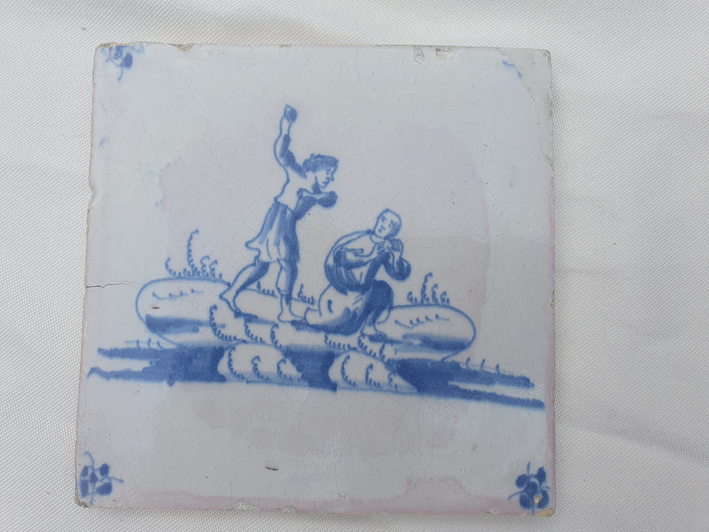 Antieke tegel met Bijbelse voorstelling   in spinnekophoek, antique dutch delft blue tile bible 18th