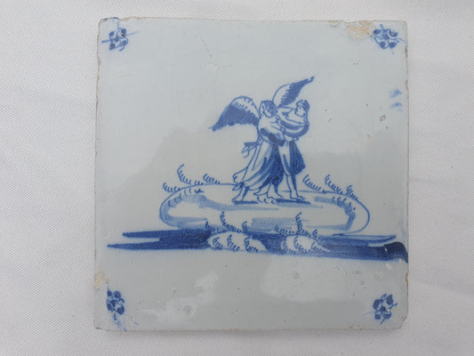Antieke tegel met Bijbelse voorstelling   in spinnekophoek, antique dutch delft blue tile bible 18th