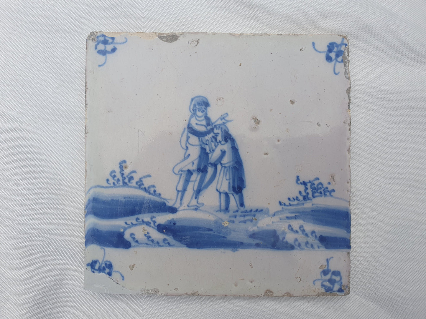 Antieke tegel met Bijbelse voorstelling   in spinnekophoek, antique dutch delft blue tile bible 18th