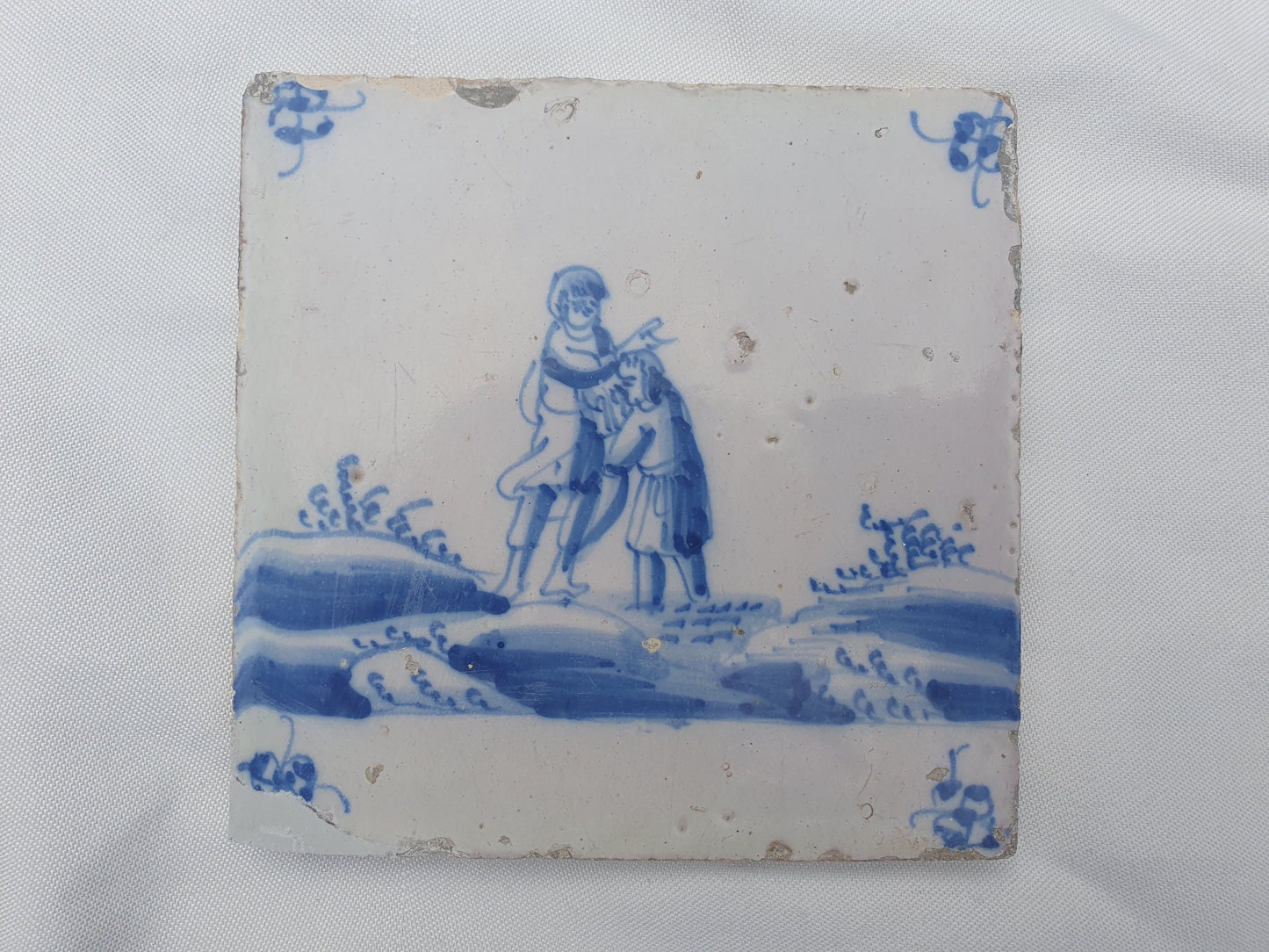 Antieke tegel met Bijbelse voorstelling   in spinnekophoek, antique dutch delft blue tile bible 18th