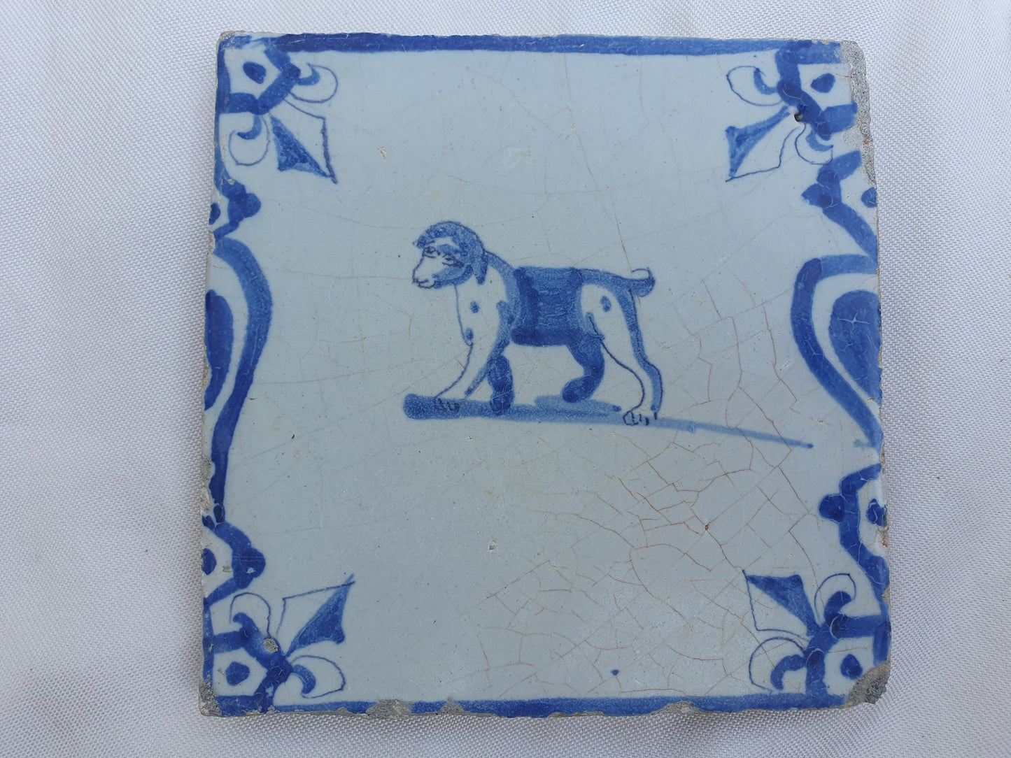 Antique Delft Tile, Dog and Lily Motif, 1640 Dutch Majolica