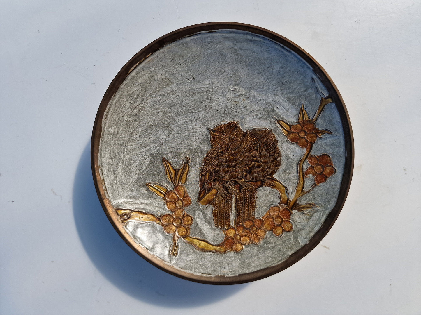 Vintage Cloisonne Owl Bowl, Copper Footed Dish, 20th Century