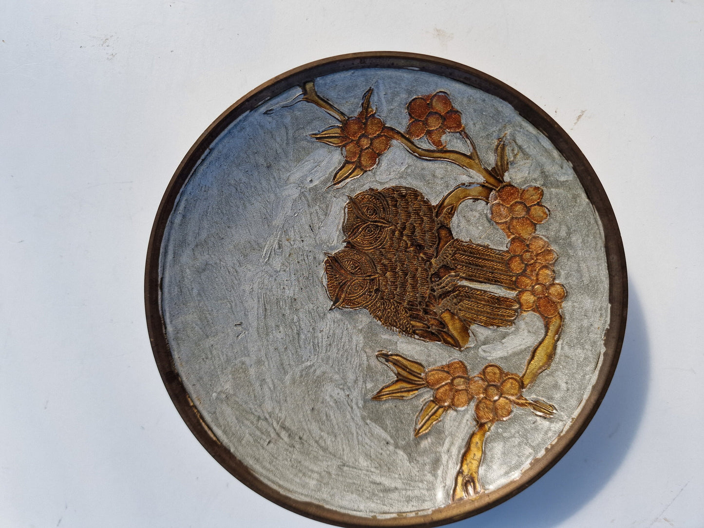 Vintage Cloisonne Owl Bowl, Copper Footed Dish, 20th Century