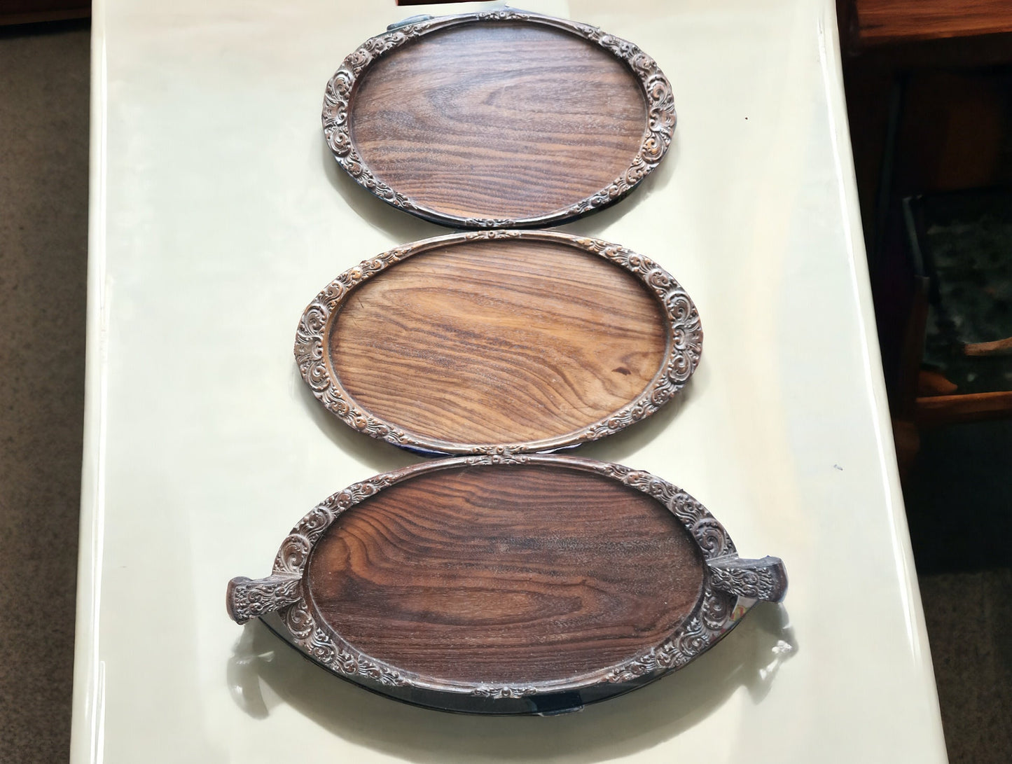 Handmade Art Nouveau Wood Tray Set, Dutch Antique, 1920s