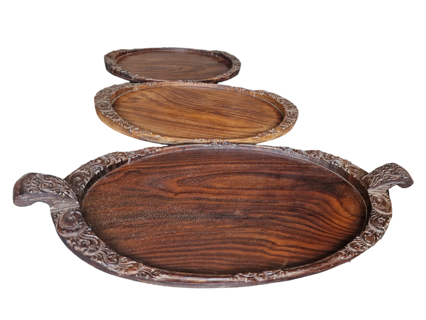 Handmade Art Nouveau Wood Tray Set, Dutch Antique, 1920s