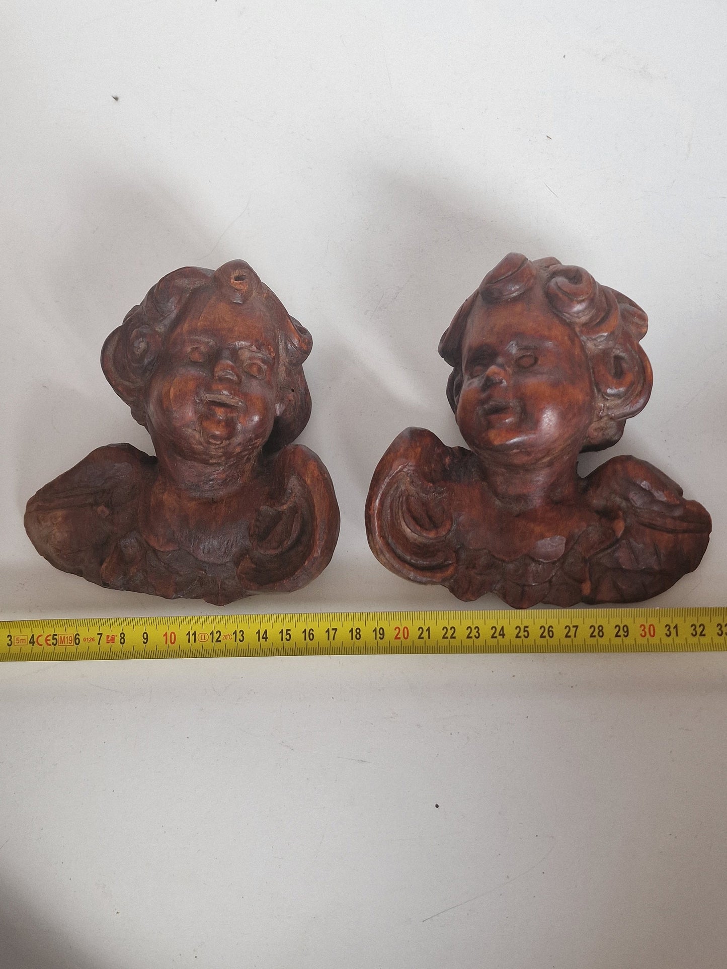 Handgesneden oud hout Angel Putto Cherub Duo, Beierse volkskunst antiek