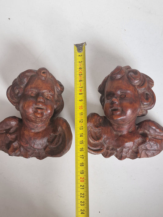 Handgesneden oud hout Angel Putto Cherub Duo, Beierse volkskunst antiek