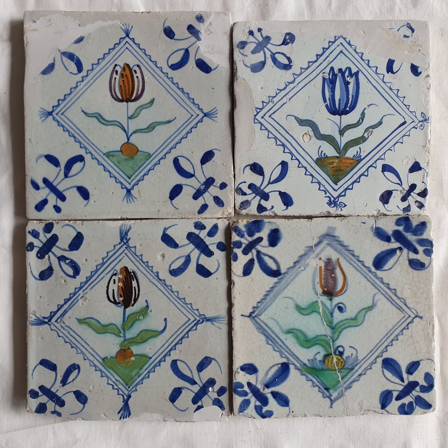 4 Antique Delft Tulip Tiles, Polychrome Diamond Square, c. 1640
