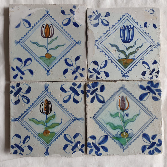 4 Antique Delft Tulip Tiles, Polychrome Diamond Square, c. 1640