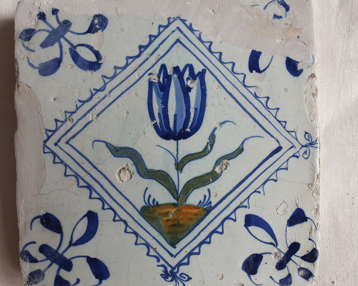 4 Antique Delft Tulip Tiles, Polychrome Diamond Square, c. 1640