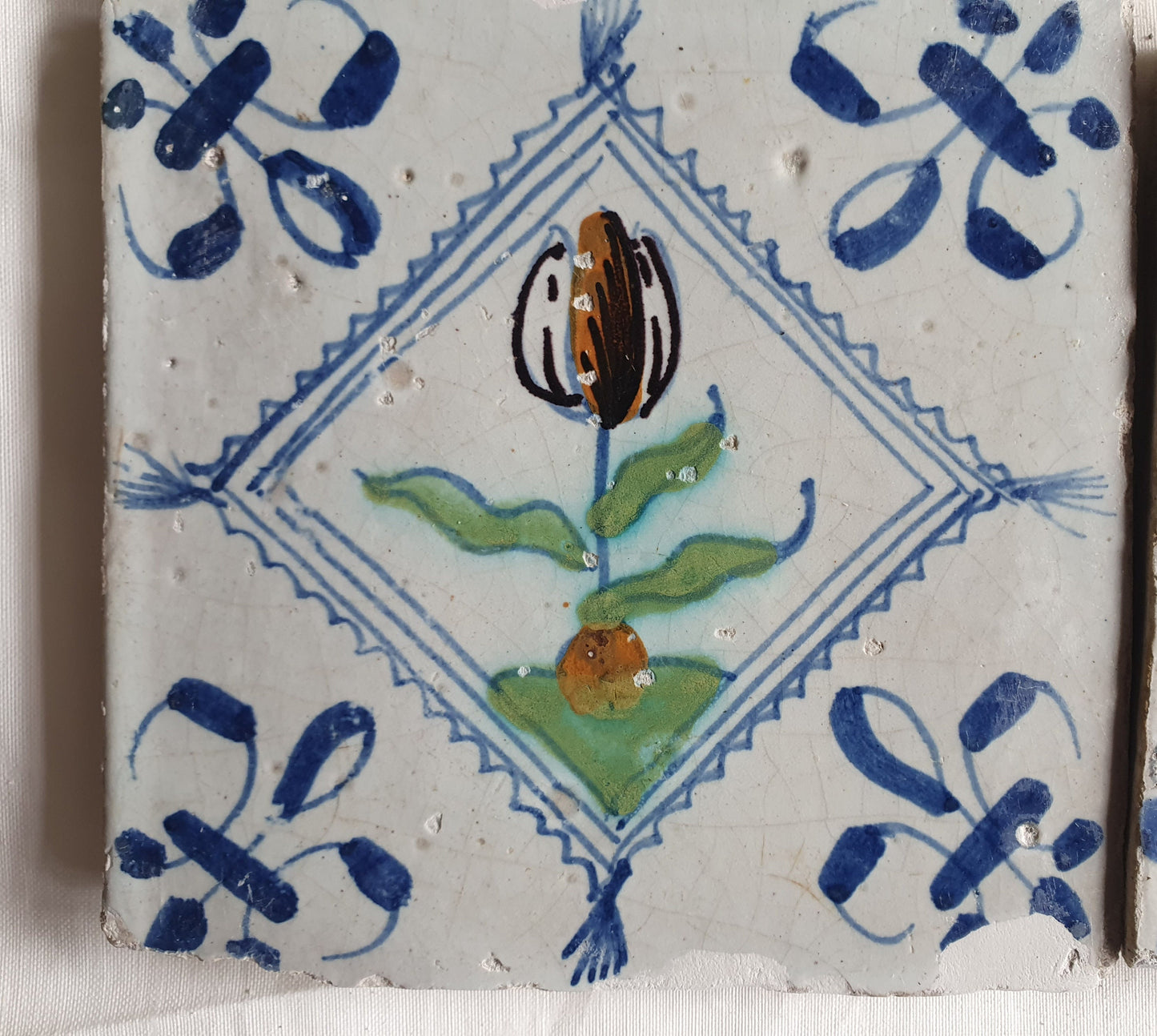4 Antique Delft Tulip Tiles, Polychrome Diamond Square, c. 1640