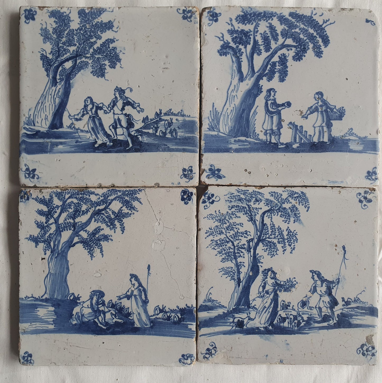 Antique Dutch Delft Tiles, Pastoral Scene, circa 1680 AD, Set of 4