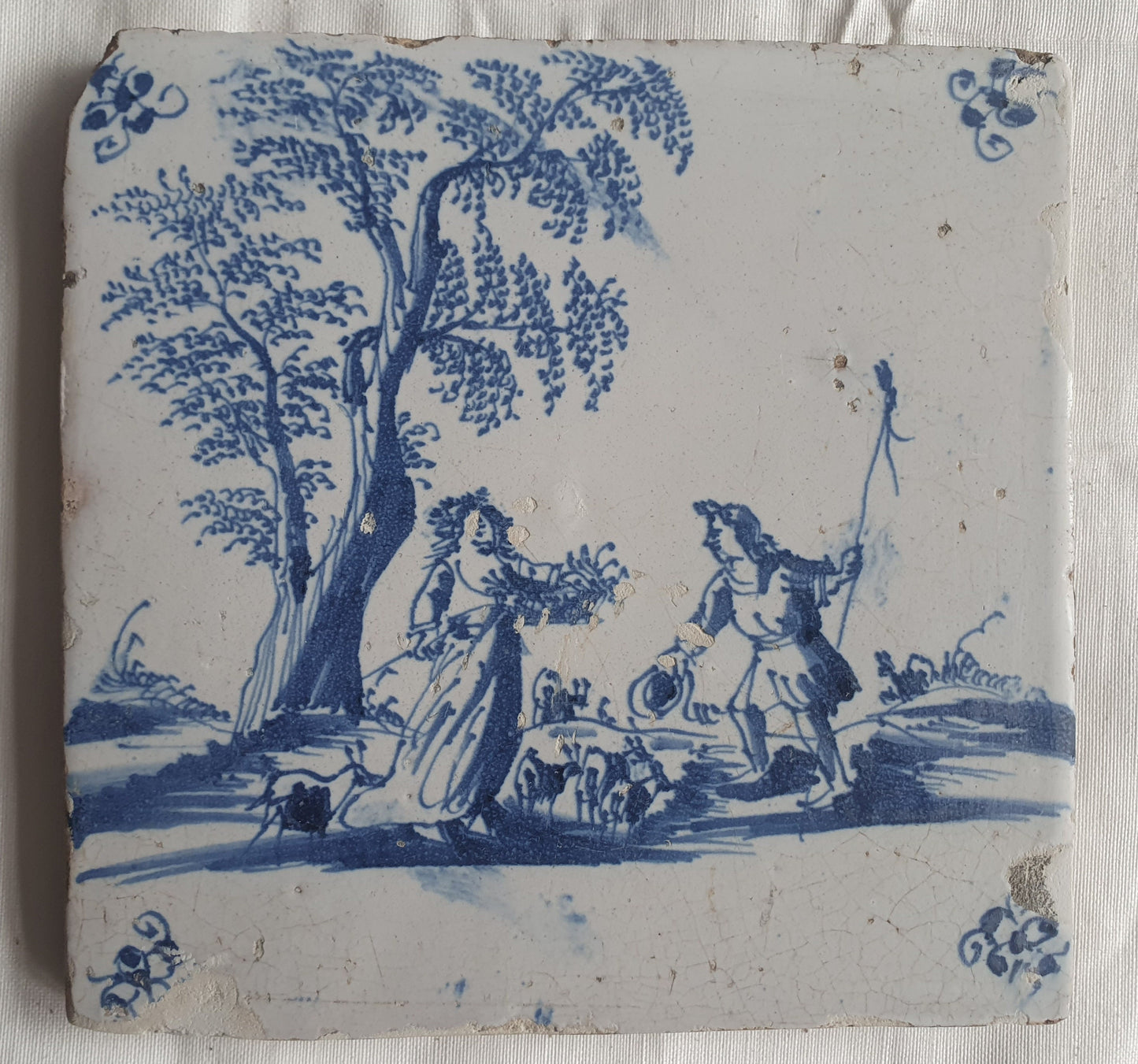 Antique Dutch Delft Tiles, Pastoral Scene, circa 1680 AD, Set of 4