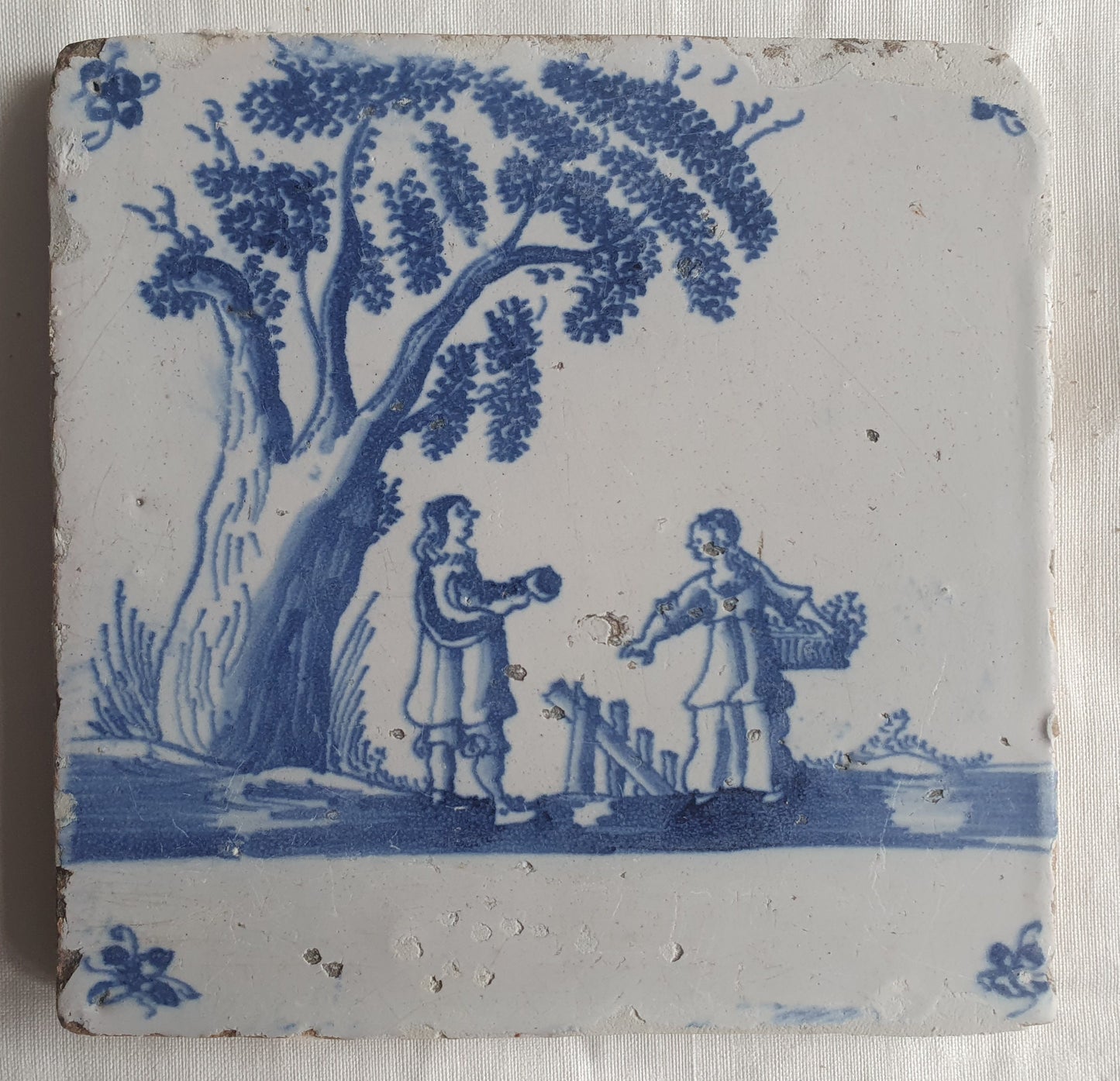 Antique Dutch Delft Tiles, Pastoral Scene, circa 1680 AD, Set of 4